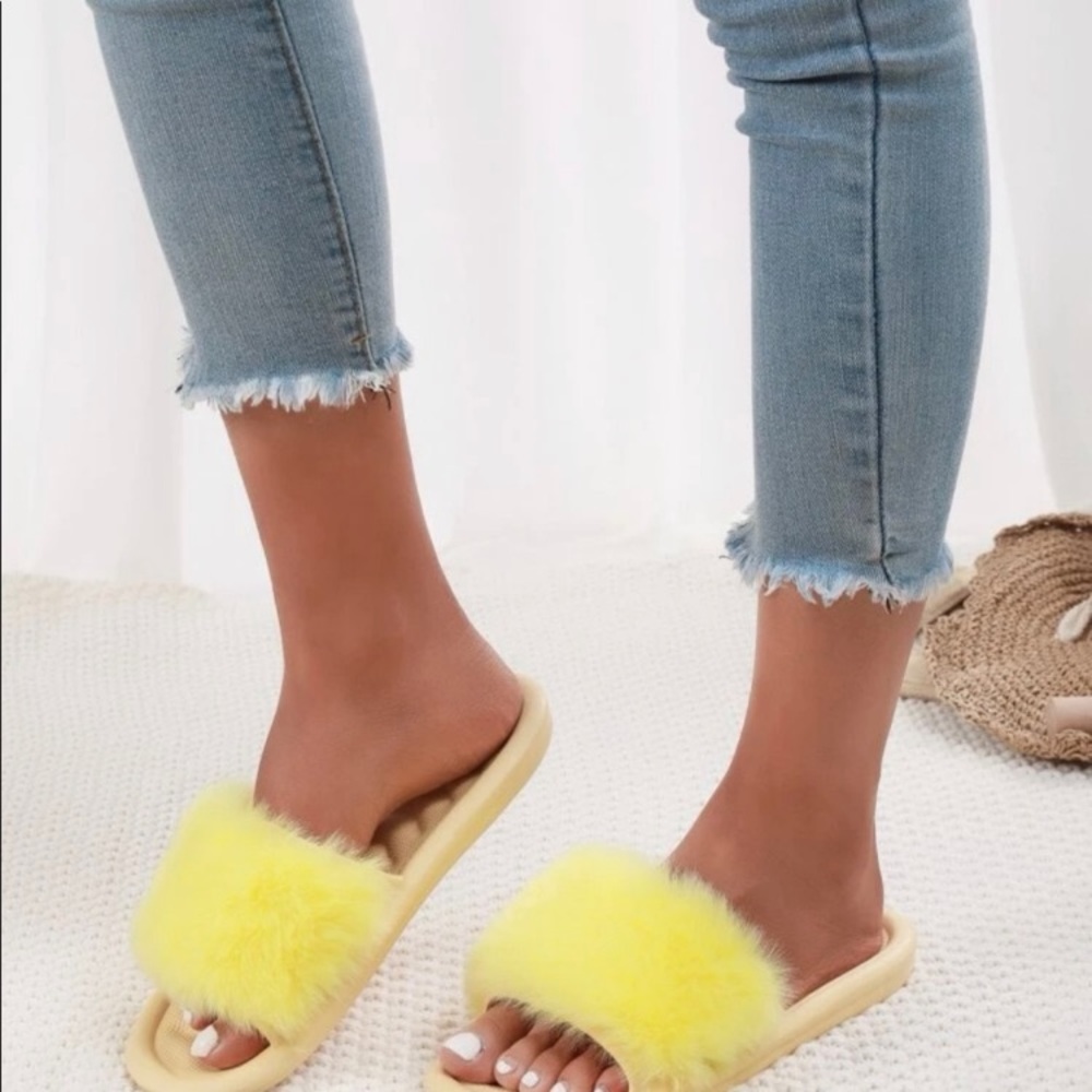 COPY - Lemon Yellow Fluffy Faux Fur Minimalist Slide Sandals Furry slides